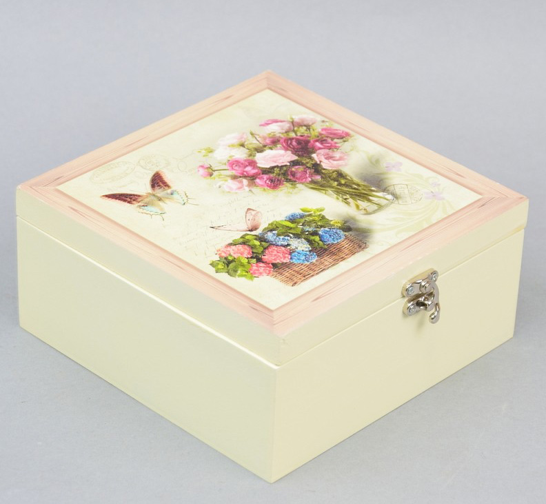 Коробка-шкатулка "Bouquet of Flowers" для чая и сахара, 4 секции, 17х17см