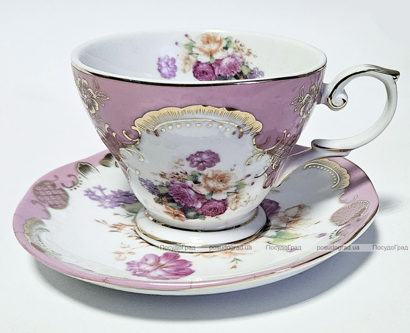 Чайно-кавова порцелянова пара "Gold Tea Pink" чашка 200мл із блюдцем