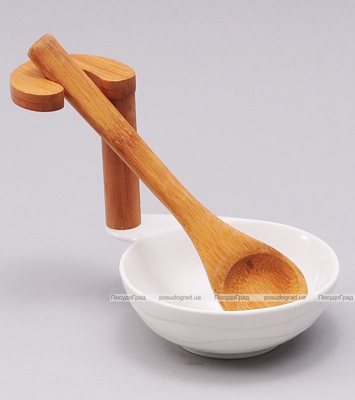 Подставка Ceram-Bamboo для кухонных аксессуаров 11x15x15см с деревянной поварской ложкой