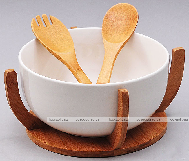 Пиала фарфоровая Ceram-Bamboo на деревянной подставке и две кухонные лопатки