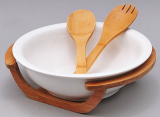 Салатник фарфоровый Ceram-Bamboo на деревянной подставке и две кухонные лопатки