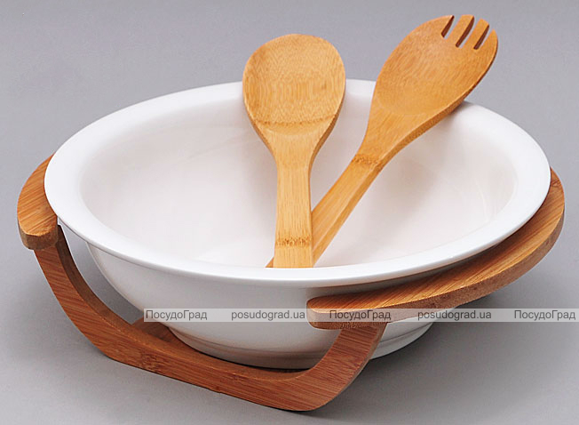 Салатник фарфоровый Ceram-Bamboo на деревянной подставке и две кухонные лопатки