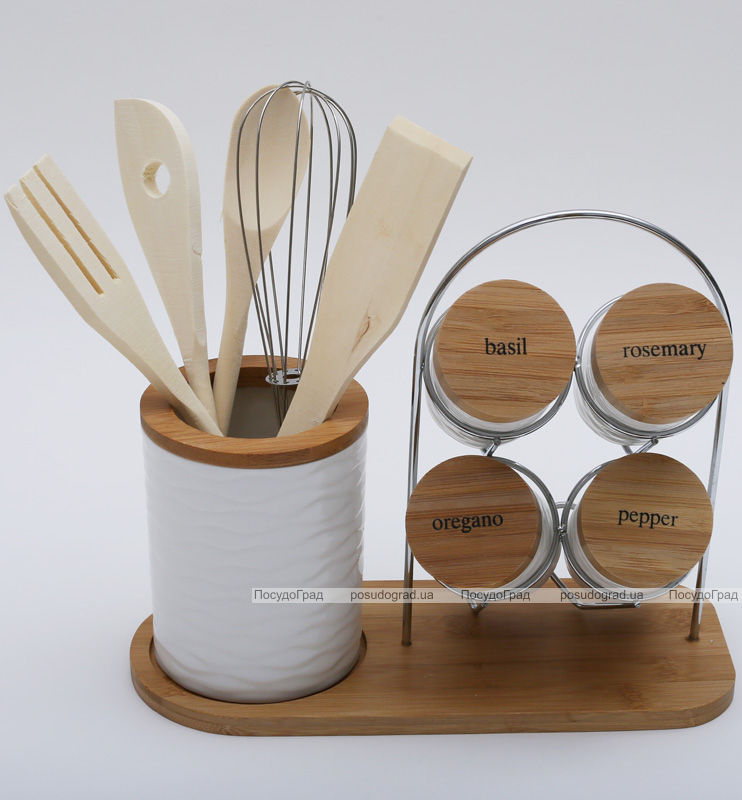 Набор кухонный Ceram-Bamboo 11 предметов спецовники и кухонные аксессуары на подставке