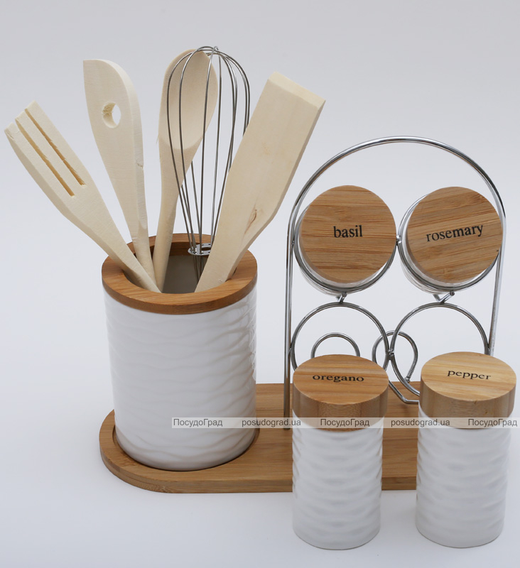 Набор кухонный Ceram-Bamboo 11 предметов спецовники и кухонные аксессуары на подставке