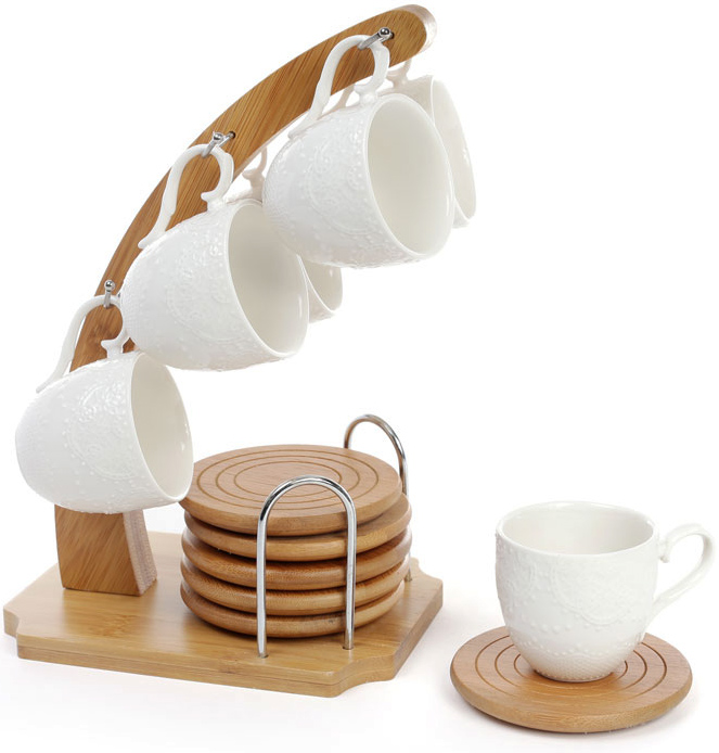Кофейный набор Ceram-Bamboo 6 чашек 80мл, костеры на бамбуковой подставке