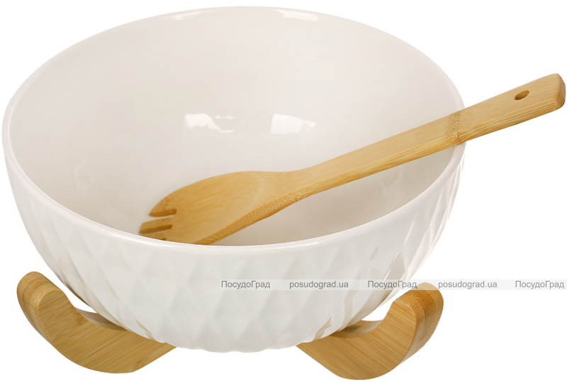 Салатница фарфоровая Ceram-Bamboo "Romb" 3л на бамбуковой подставке и салатной ложкой
