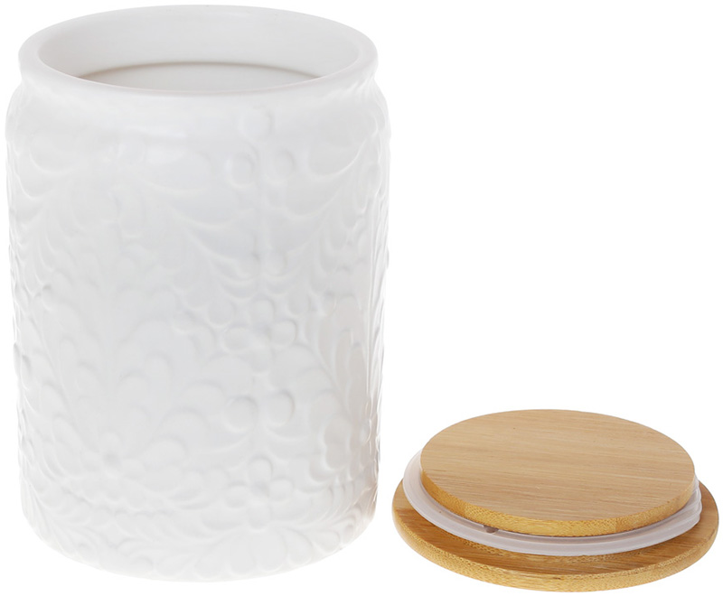 Банка Ceram-Bamboo для сипучих продуктів 1.1л, біла матова кераміка з бамбуковою кришкою