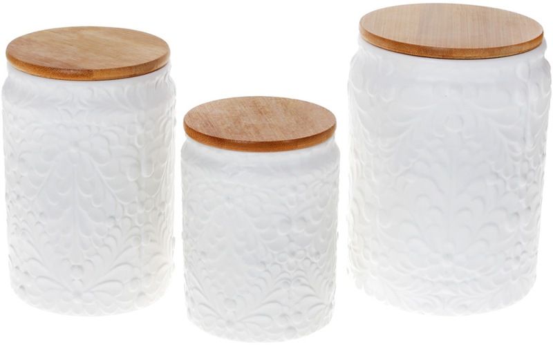 Банка Ceram-Bamboo для сипучих продуктів 1.1л, біла матова кераміка з бамбуковою кришкою