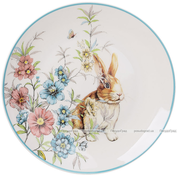 Набір 6 порцелянових тарілок Happy Rabbit Ø21см, круглі з блакитною облямівкою