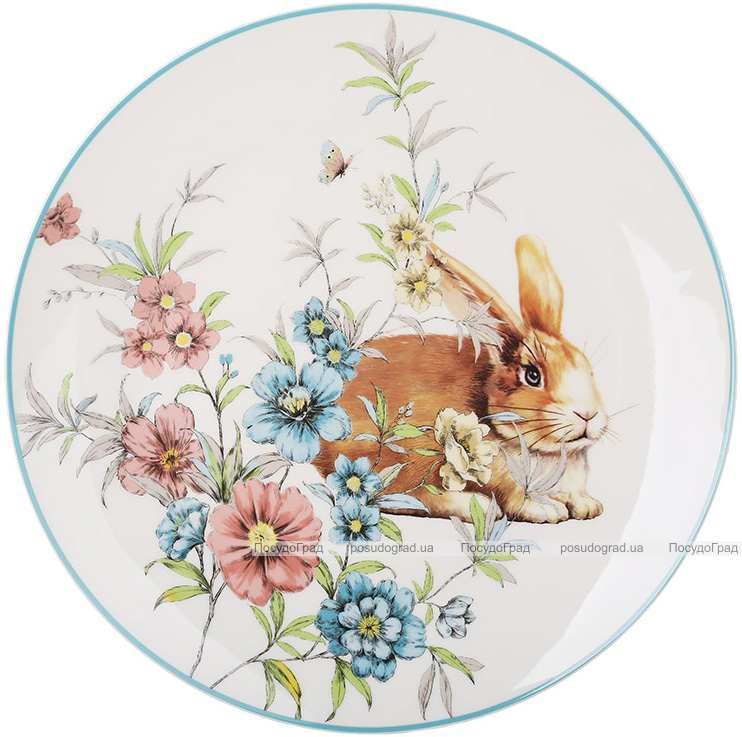 Набор 6 фарфоровых тарелок Happy Rabbit Ø27см, круглые с голубой каймой