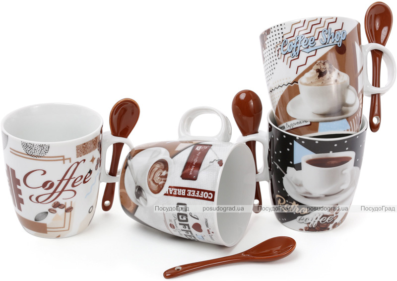 Набір 4 кружки "Retro Coffee" 250мл з керамічними ложками, в подарунковій коробці