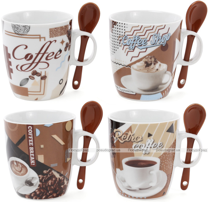Набір 4 кружки "Retro Coffee" 250мл з керамічними ложками, в подарунковій коробці