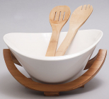 Салатник фарфоровый Ceram-Bamboo овальный на деревянной подставке и две кухонные лопатки