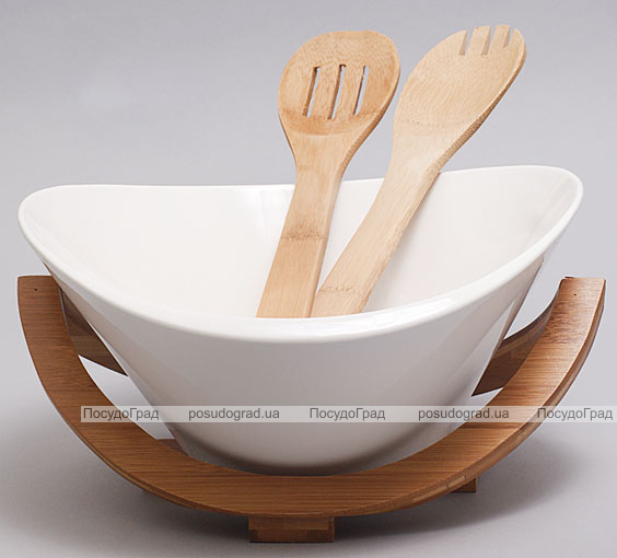 Салатник фарфоровый Ceram-Bamboo овальный на деревянной подставке и две кухонные лопатки