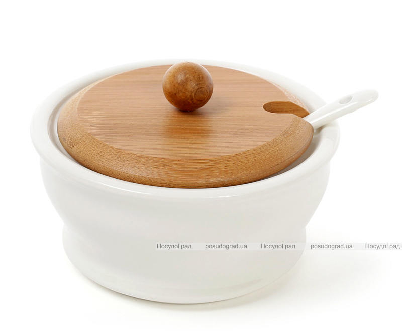 Сахарница фарфоровая Ceram-Bamboo 275мл с ложкой и бамбуковой крышкой