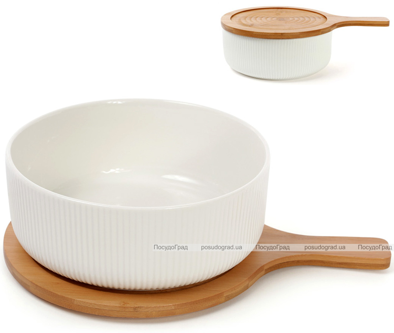 Блюдо фарфоровое Ceram-Bamboo глубокое 1275мл с деревянной крышкой-подставкой