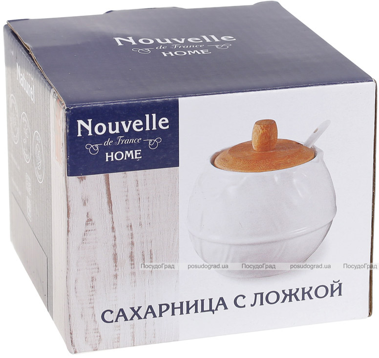 Сахарница фарфоровая Nouvelle Home Лист 500мл с ложечкой и бамбуковой крышкой