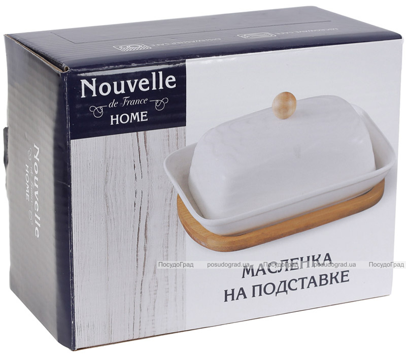 Маслянка порцелянова Nouvelle Home Хвиля 16.5х12.5х9.5см на бамбуковій підставці