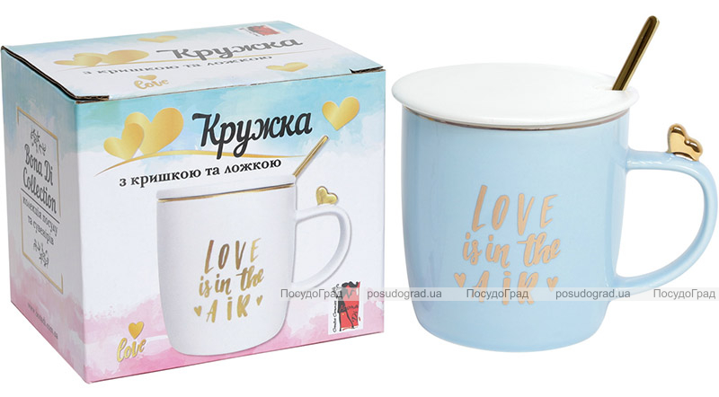 Кружка фарфоровая "Love is in the air" 375мл с крышкой и ложечкой