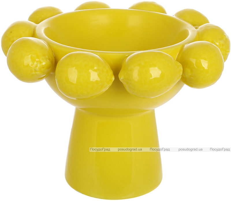 Фруктовница фарфоровая "Lemon" Ø25х18см на ноге с рельефным декором, желтые лимоны