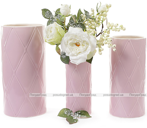 Набір 3 керамічні вази Hydrangea "Рожева сітка" Ø16x32см, Ø13x28см і Ø9x24см