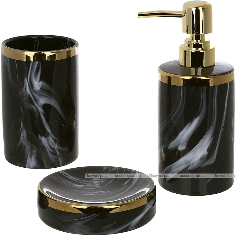 Набір аксесуарів Bright для ванної кімнати "Black Marble & Gold" 3 предмети, кераміка
