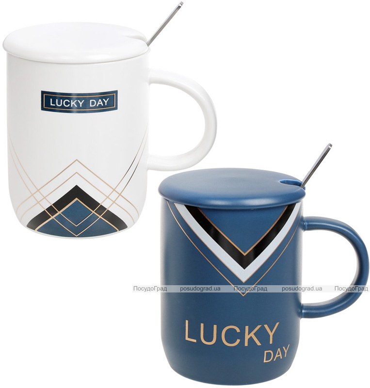 Кружка фарфоровая "Lucky Day" 480мл с крышкой и ложкой