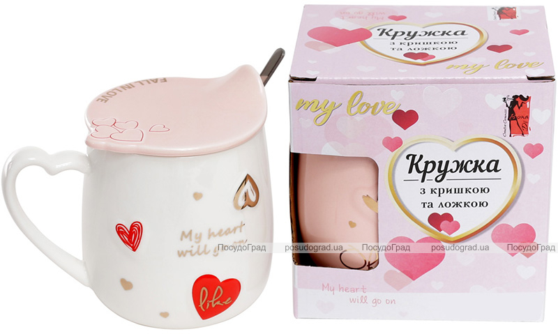 Кружка фарфоровая "In love" 420мл с крышкой и ложкой