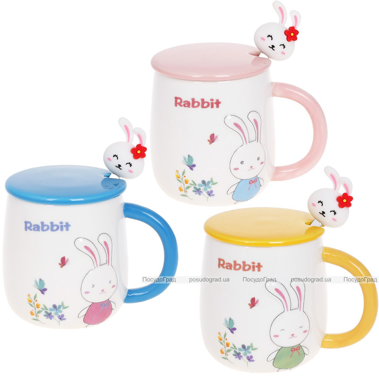 Кружка фарфоровая "Rabbit" 430мл с крышкой и ложкой, 3 дизайна