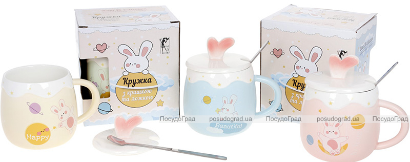 Кружка порцелянова "Funny Rabbits" 430мл з кришкою і ложкою, 4 дизайни