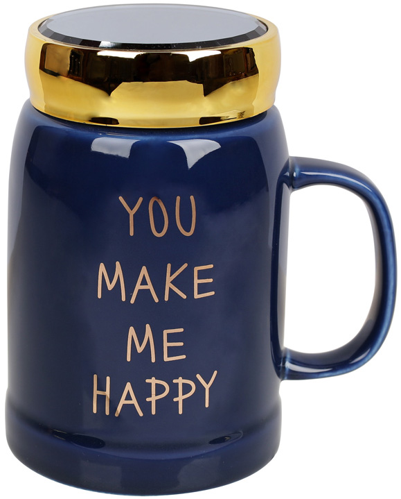 Кружка порцелянова "You make me happy" 550 мл з кришкою, колір морської глибини