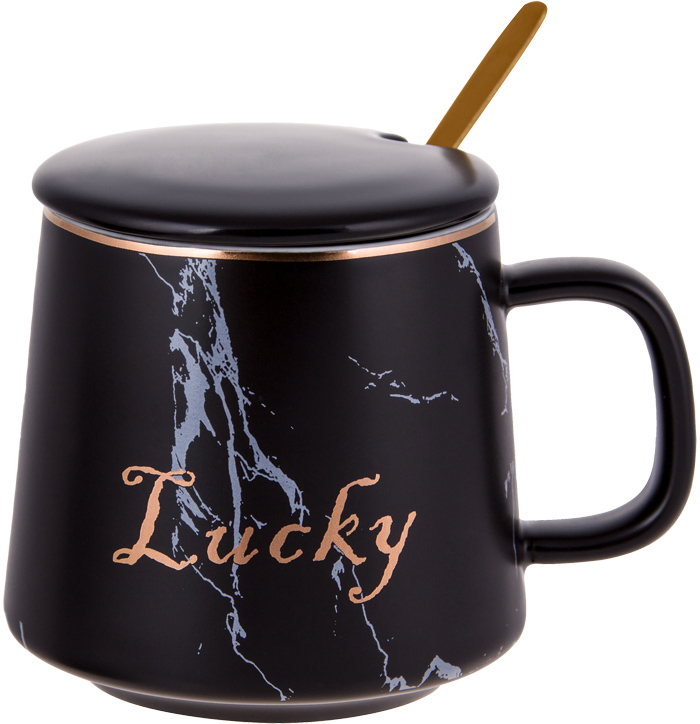 Кружка фарфоровая "Lucky" 400мл с крышкой и ложечкой, черный мрамор