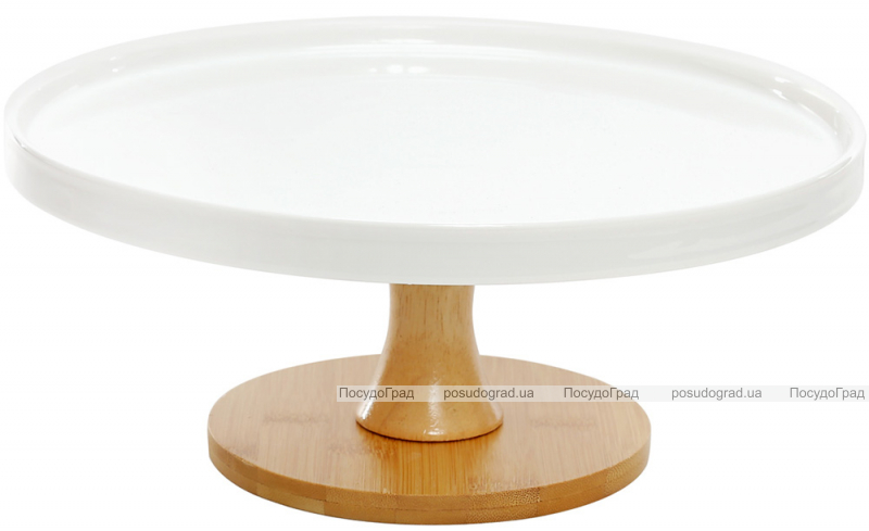 Тортовница Ceram-Bamboo Ø28х12см на деревянной ноге, белый фарфор