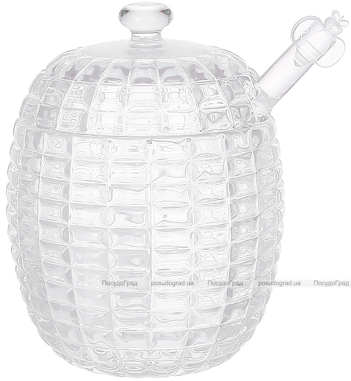 Банка-медовница стеклянная "Crystal Glass" 350мл со стеклянной крышкой и булавой