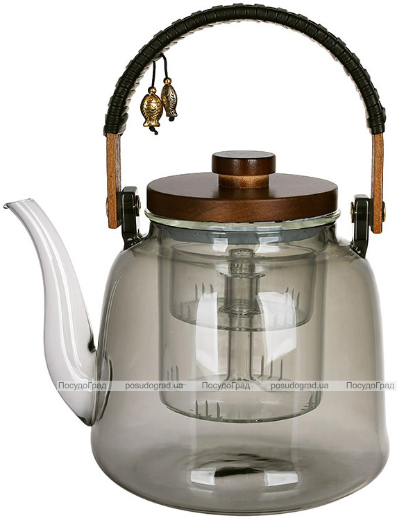 Чайник заварювальний скляний "Smokey Grey" 1200мл із дерев'яною кришкою