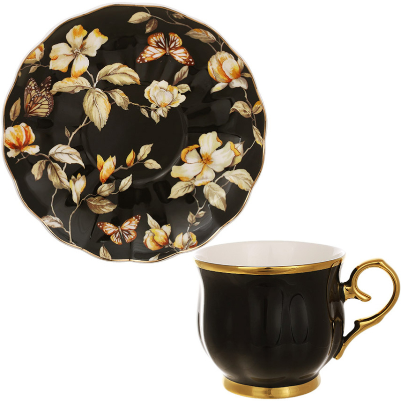 Чайно-кофейный фарфоровый сервиз "Black Magnolia" 6 чашек 200мл с блюдцами