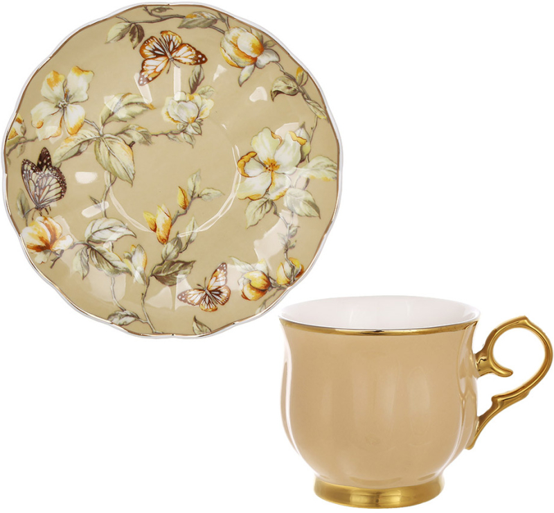 Чайно-кофейный фарфоровый сервиз "Beige Magnolia" 6 чашек 200мл с блюдцами