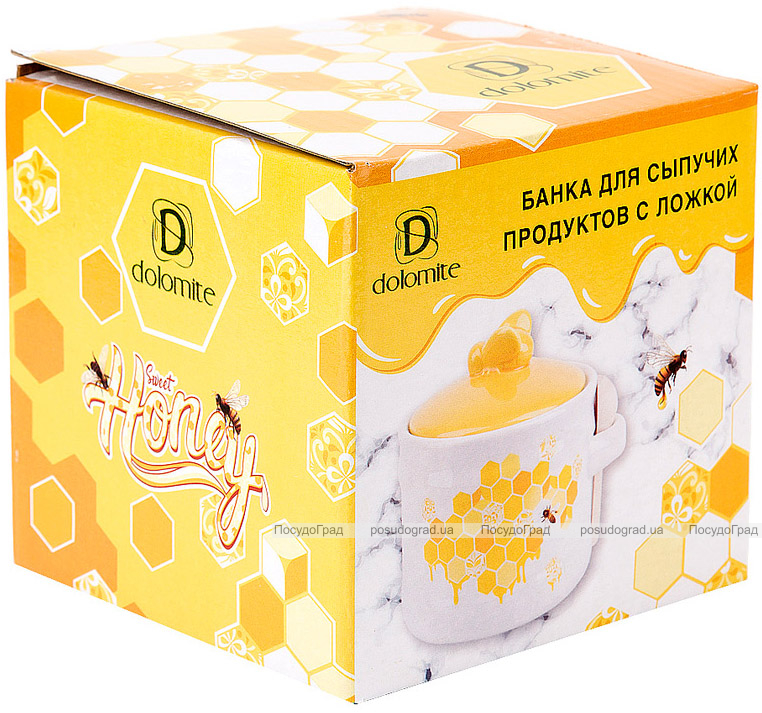 Керамічна банка-медовниця з дерев'яною ложкою "Sweet Honey" 450мл, біла з жовтим