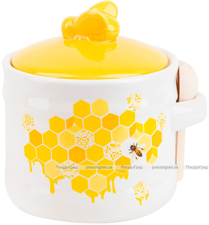 Керамічна банка-медовниця з дерев'яною ложкою "Sweet Honey" 450мл, біла з жовтим