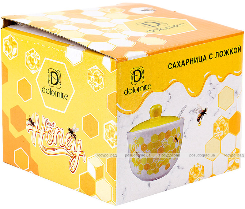 Керамическая сахарница с керамической ложкой "Sweet Honey" 450мл, белая с желтым