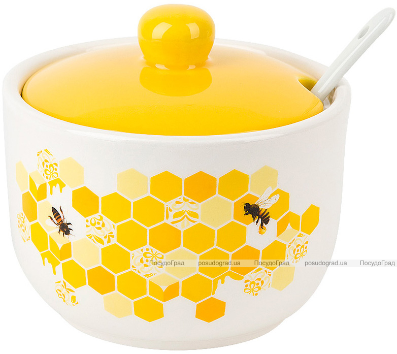 Керамическая сахарница с керамической ложкой "Sweet Honey" 450мл, белая с желтым
