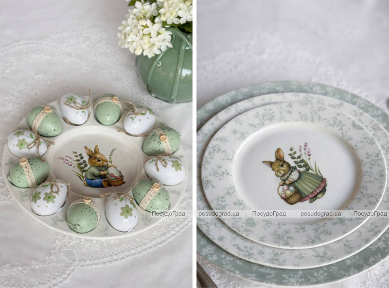 Набор 6 тарелок фарфоровых "Floral Green. Пасхальный Кролик" Ø19см