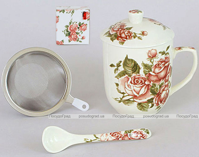 Кружка-заварник "Cream Rose" 300мл с металлическим ситом и керамической ложкой