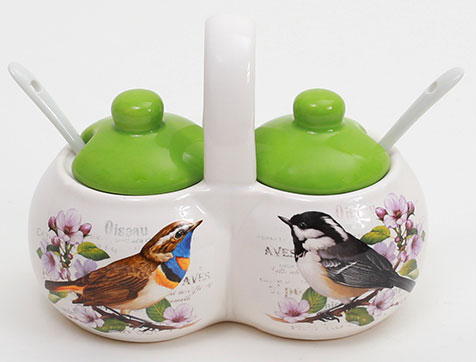 Баночки для спецій "Birds Garden" подвійні з 2 керамічними ложечками