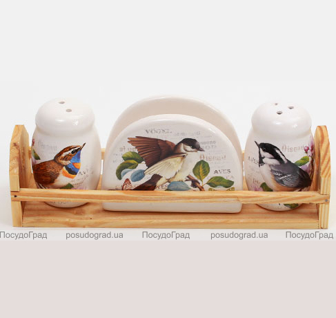 Набір для спецій "Birds Garden" 3 предмета на дерев'яній підставці