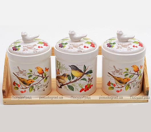 Набір "Birds Garden" 3 банки для сипучих продуктів на дерев'яній підставці