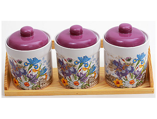 Набір "Iris Flower" 3 банки 550мл для сипучих продуктів на дерев'яній підставці