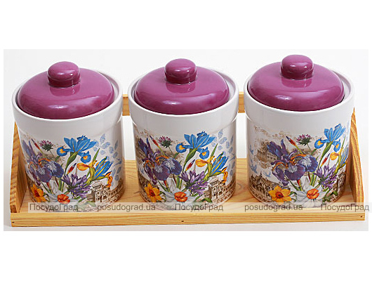 Набор "Iris Flower" 3 банки 550мл для сыпучих продуктов на деревянной подставке