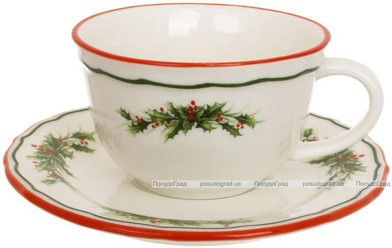 Набір 2 порцелянові чайні чашки з блюдцями "Evergreen Christmas" 250мл з червоною облямівкою
