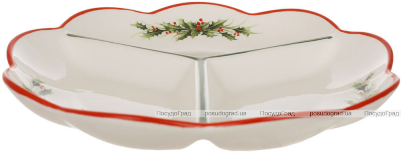 Менажниця порцелянова "Evergreen Christmas" Ø24см на 3 секції з червоною облямівкою